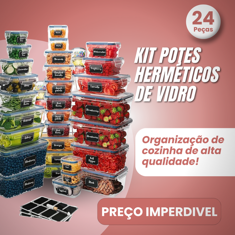 EcoFresh™ - Kit 24 Potes Herméticos de VIDRO + Brindes Exclusivos [ÚLTIMAS UNIDADES]