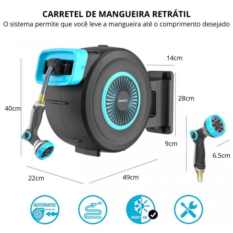 GardenHouse - Mangueira Externa Com Enrolador Retrátil, trava e Suporte Giratório 180